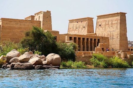 Sandstone pylons of the Temple of Isis at Philae seen from the water near Aswan