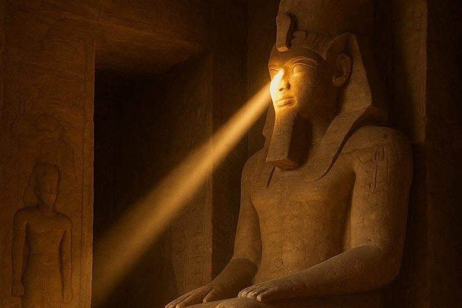 Seated pharaoh statue in a dark temple chamber with a beam of golden light falling on its face