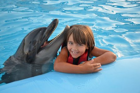 Smiling child in a red life vest at the pool edge with a dolphin opening its mouth beside them