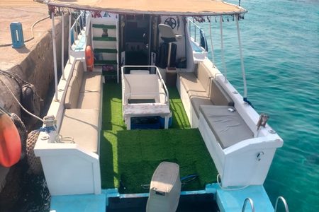 Small tourist boat with green turf deck, shade awning and two flags moored at a pier by turquoise water