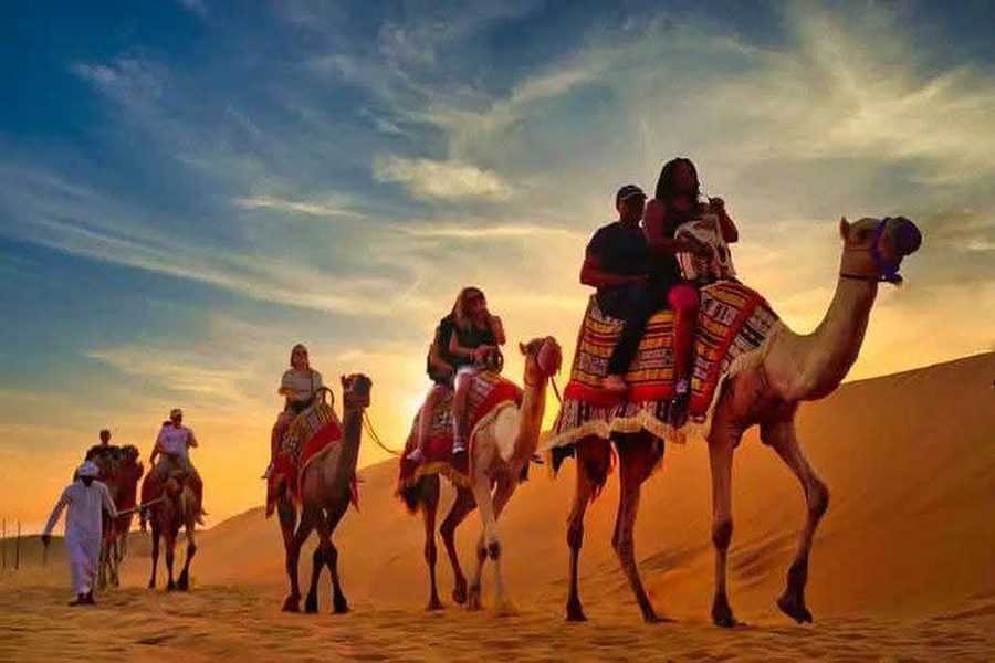 Tourists riding camels in a line across golden desert dunes at sunset, led by a guide in a white robe