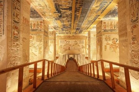 Painted ceiling and hieroglyph-covered walls above a wooden walkway in a royal tomb, Valley of the Kings, Luxor