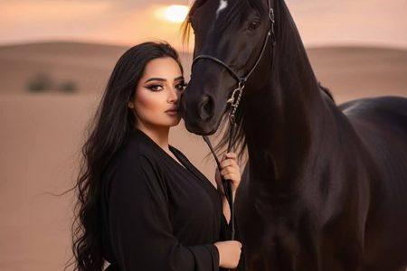 Woman in a black abaya standing beside a black horse on desert dunes at sunset
